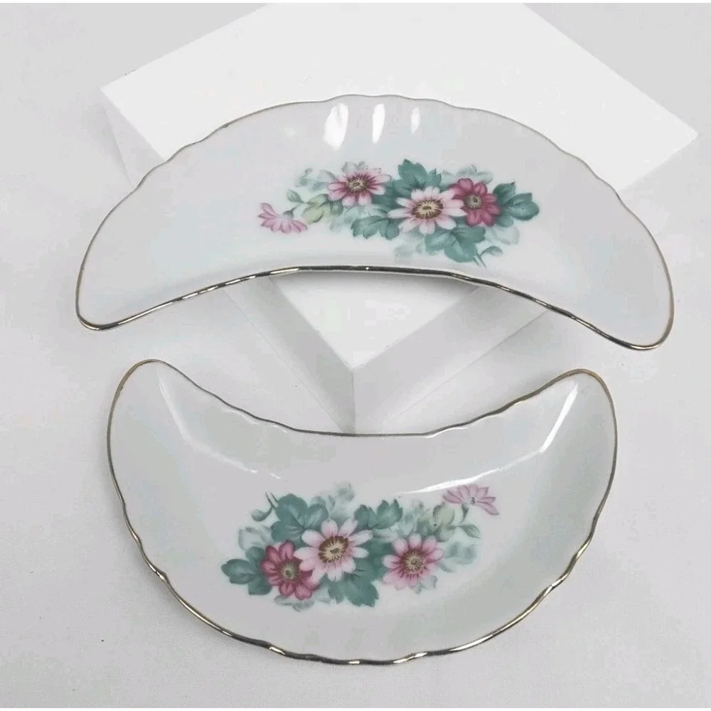 Lot‎ of 2 Chadwick Porcelain Bone Plate Dishes PinkTeal Floral Crescent Gold Rim